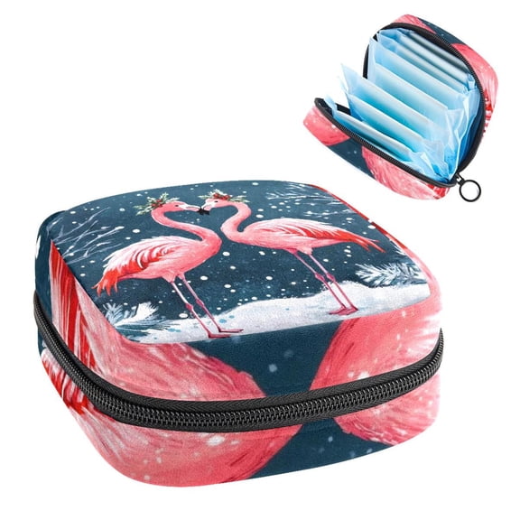 Cute Christmas Flamingos Xmas Snowy Pattern Sanitary Napkin Storage Bag, Zipper Menstrual Cup Pouch Feminine Menstruation First Period Pads Holder for Girls Women Ladies