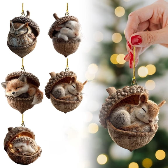 Cute Christmas Forest Animal Acorn Ornaments, 2D Flat Cozy New Pinecone Animal Decoration, Acrylic Hanging Ornament for Home Decor.( 5Pcs)