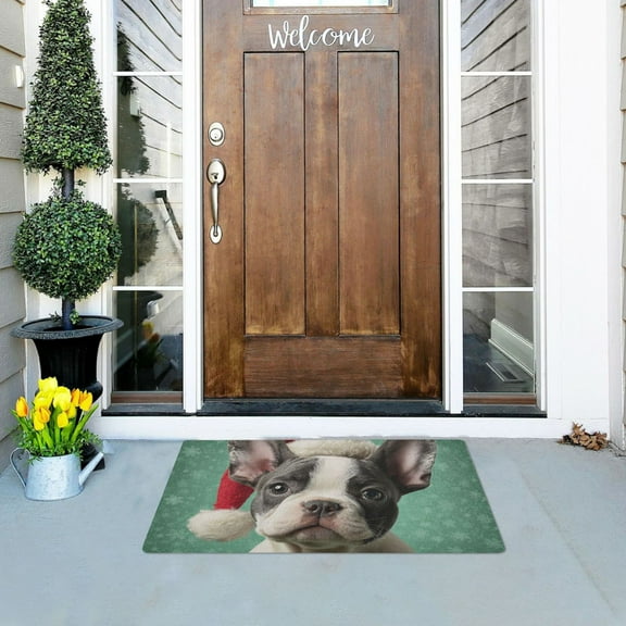 Cute Christmas French Bulldog with Hat Doormats Welcome Mats Gate Pads Entryway Outdoor 32" x 20"