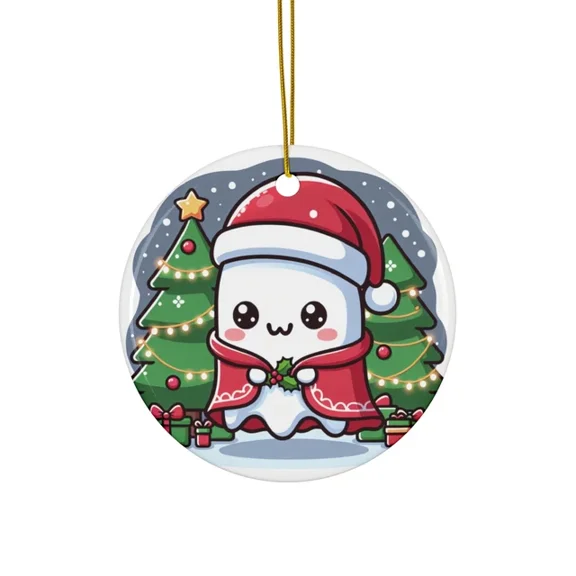 Cute Christmas Ghost 2D FLAT CIRCLE Ceramic Ornament