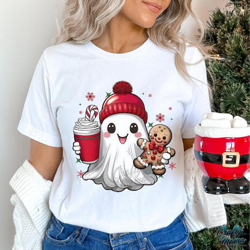 Cute Christmas Ghost, Ghost with Iced Coffee and Gingerbread, Holiday