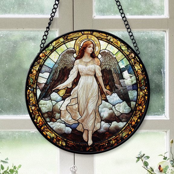 Cute Christmas Gift - Angel Fly Cloud Stained Glass Hanging Ornament - Joy to the World Christmas Tree Decor, Holiday Gift for Mom, Dad, Friends, Family