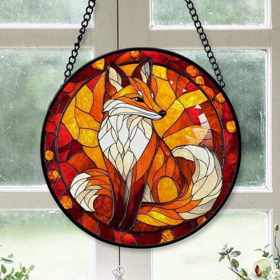 Cute Christmas Gift - Orange Cute Foxs Animal Stained Glass Hanging Ornament - Spirit Xmas Tree Decoration, Holiday Gift for Mom, Dad, Friends, Family