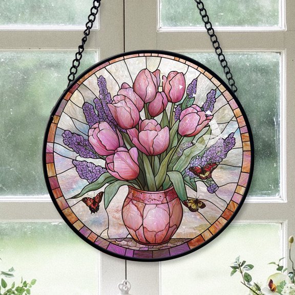 Cute Christmas Gift - Tulip Lavender Butterfly Pink Christmas Stained Glass Hanging Ornament - Bright Xmas Tree Decoration, Perfect Holiday Gift for Family & Friends