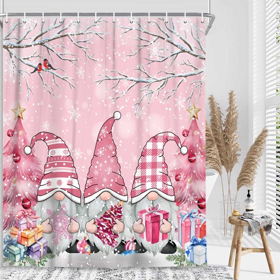 Cute Christmas Gnome Shower Curtain, Winter Merry Christmas Tree Shower Curtains Set with Hooks, Pink Waterproof Fabric Snow Bathroom Curtains Decor Home Accessories, 72X72in