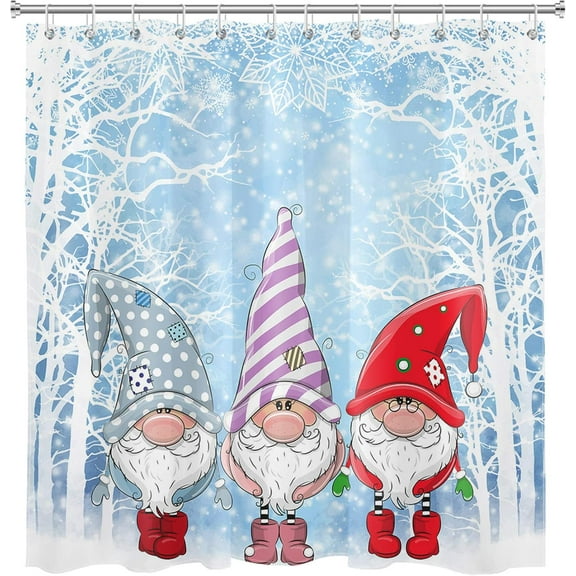 Cute Christmas Gnomes Shower Curtain Winter Forest Snowflake Xmas Cartoon Santa Claus Elf Shower Curtains for Kids Bathroom Decoration Set with Hooks 72x72 inch Waterproof Polyester Fabric