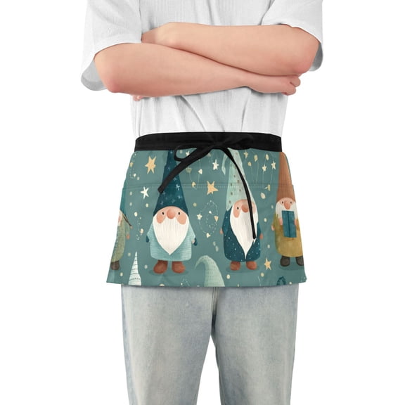 Cute Christmas Gnomes with Stars Presents Short Server Apron with 3 Pockets for Unisex Chef Gardening