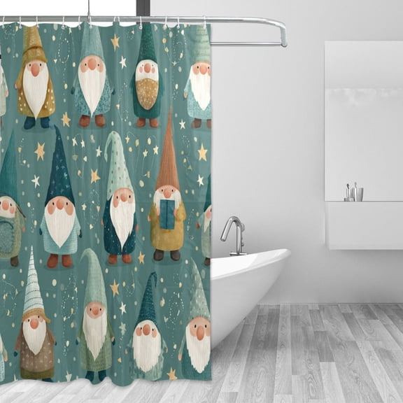 Cute Christmas Gnomes with Stars Presents Shower Curtains with 12 Hooks Waterproof Bathroom Decor 66" x 72"