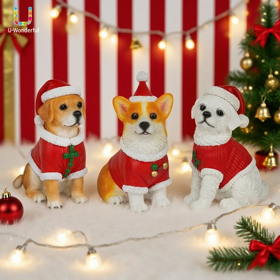 Cute Christmas Hat Dog Figurines – Resin Corgi, Bichon, and Labrador Holiday Decorations – Miniature Tabletop Ornaments for Christmas Decor, Gift for Dog Lovers