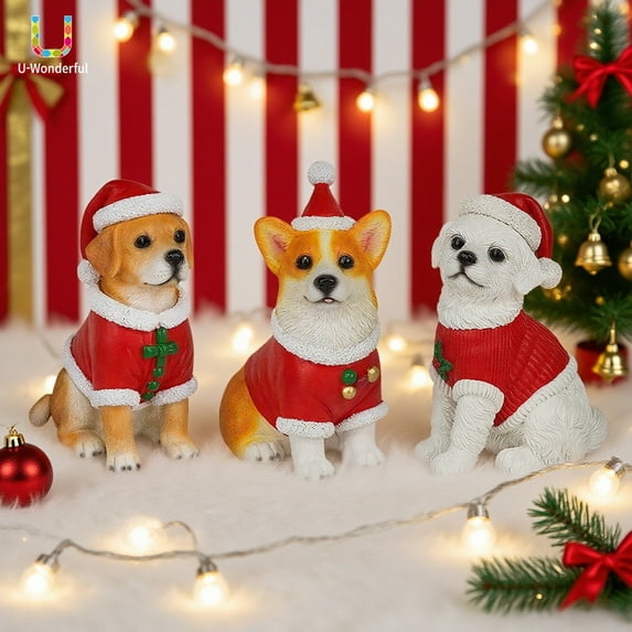 Cute Christmas Hat Dog Figurines – Resin Corgi, Bichon, and Labrador Holiday Decorations – Miniature Tabletop Ornaments for Christmas Decor, Gift for Dog Lovers