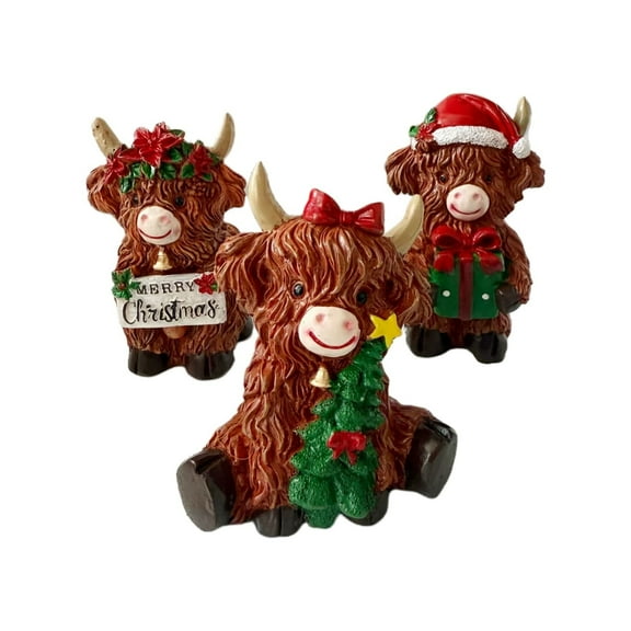 Cute Christmas Highland Cow Resin Figurines â Festive Home Decor for Holiday Season, Gift for Family & Friends