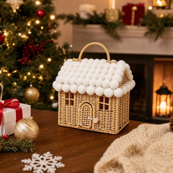 Cute Christmas House Shaped Woven Storage Basket with Handle, Snow Roof Decorative Organizer Box for Candy Gifts Trinkets Tabletop Mantel Fireplace Festive Home Decor