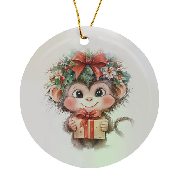 3drose, Cute Christmas Monkey with Gift, Circle Porcelain Ornament