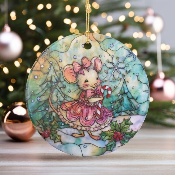 Cute Christmas Mouse Ornament Cottagecore Whimsical Faux Stained Glass Ornament Whimsical Ceramic Christmas Tree 2D FLAT Ceramic Ornament