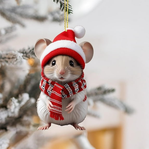 Cute Christmas Mouse Ornament with Santa Hat & Scarf,Christmas Tree Decor,Festive Animal Hanging Ornament,Unique Gift for Kids,2025 Year of the Rat Christmas Decorations,3.15in