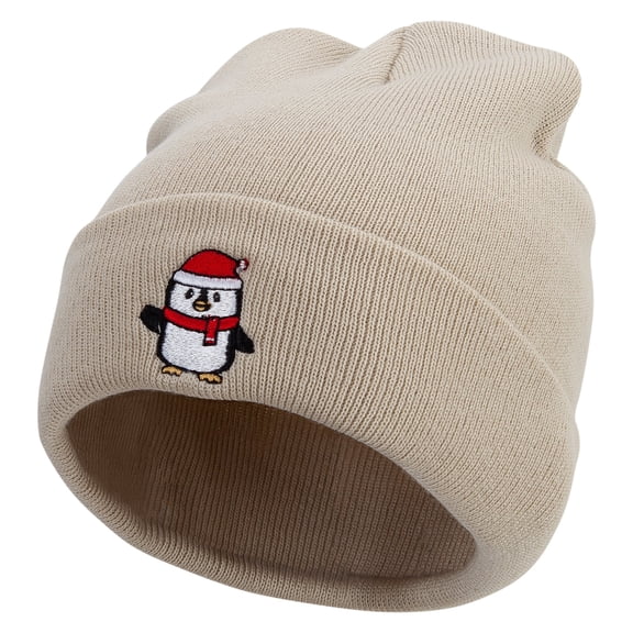 Cute Christmas Penguin Embroidered 12 Inch Long Knitted Beanie - Birch OSFM