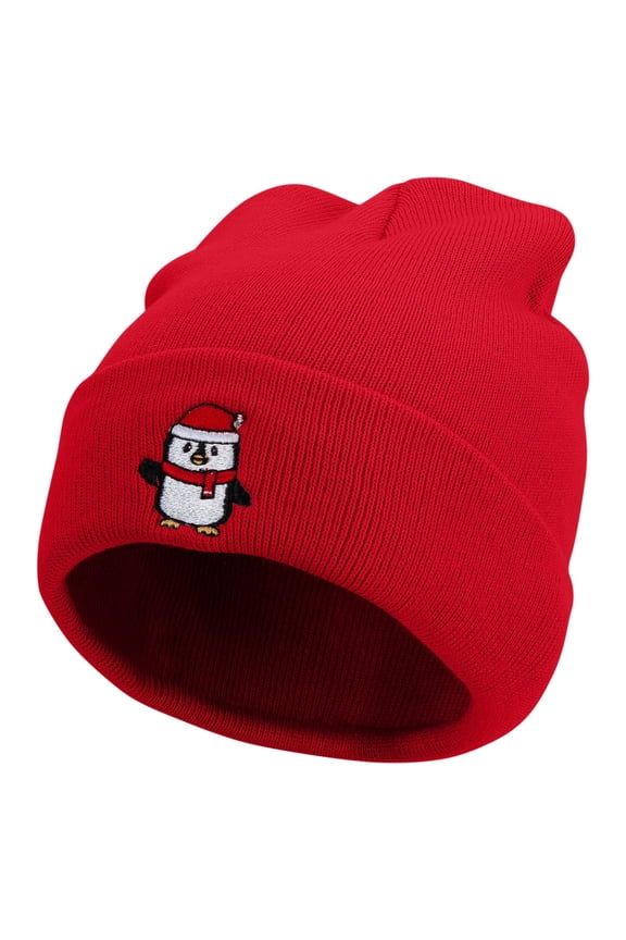 Cute Christmas Penguin Embroidered 12 Inch Long Knitted Beanie - Red OSFM