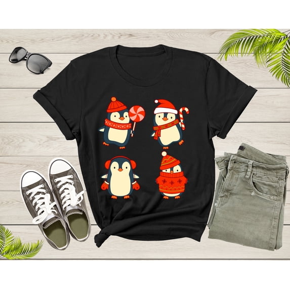 Cute Christmas Penguins Candy Canes Mittens Xmas Art Design T-Shirt Penguin Lover Gift T Shirt for Men Women Kids Boys Girls Graphic TShirt