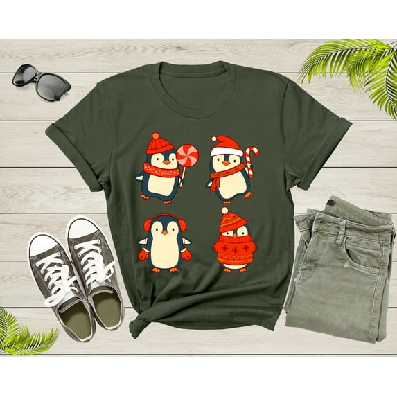 Cute Christmas Penguins Candy Canes Mittens Xmas Art Design T-Shirt Penguin Lover Gift T Shirt for Men Women Kids Boys Girls Graphic TShirt