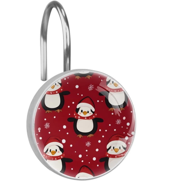 Cute Christmas Penguins Snowflakes Shower Curtain Hooks Round Crystal Glass, Set of 12 Shower Curtain Rings - Shower Hooks for Curtain Shower Rings