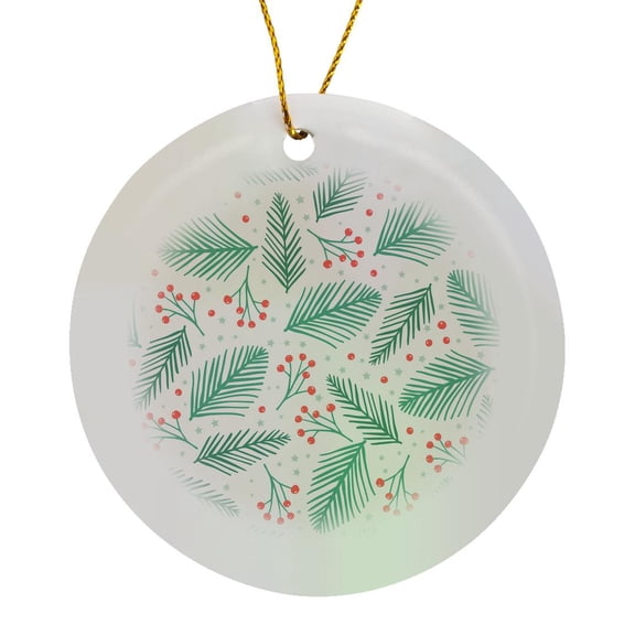 3drose, Cute Christmas Pine Tree Boughs and Berries Pattern, Circle Porcelain Ornament
