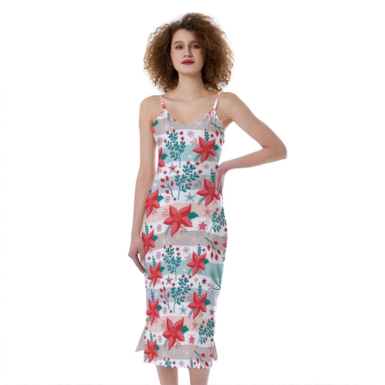 Cute Christmas Poinsettia Pattern Print Slim Fit Midi Cami Dress, Jesus  Christian Fashion Summer Maxi Sexy Casual Dress For Women - Walmart.com