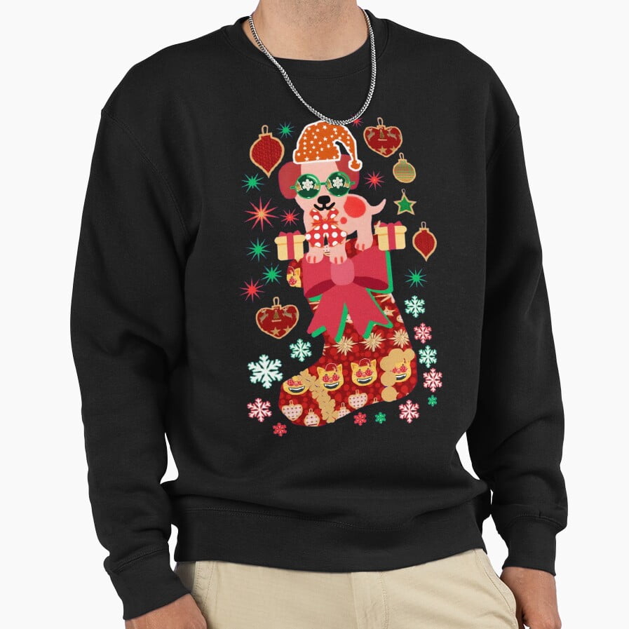 Cute Christmas Puppy In Stocking Graphic Unisex Sweatshirt Retro