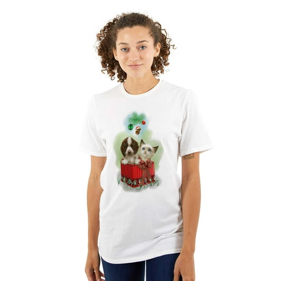 Cute Christmas Puppy Kitten Present Women's Graphic T Shirt Tees Brisco Brands S