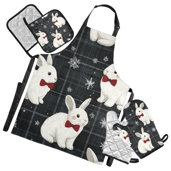 Cute Christmas Rabbit Snowflakes Dark Green Plaids Apron Set with Oven Mitts Pot Holders Set of 5 Kitchen Stuff Accessories