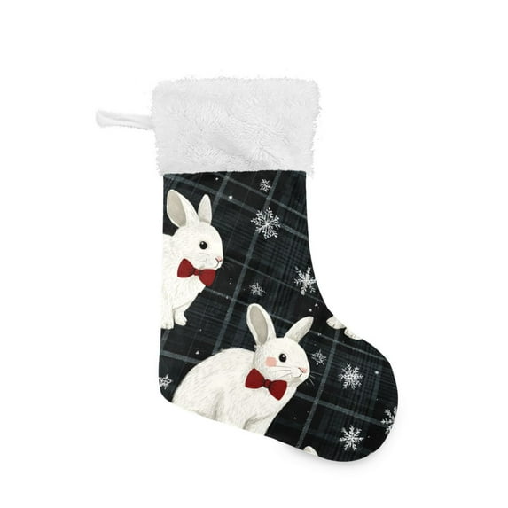 Cute Christmas Rabbit Snowflakes Dark Green Plaids Christmas Stockings Large Capacity 18 inch Gift Bag with Hook Xmas Holiday Decor 2 Pack