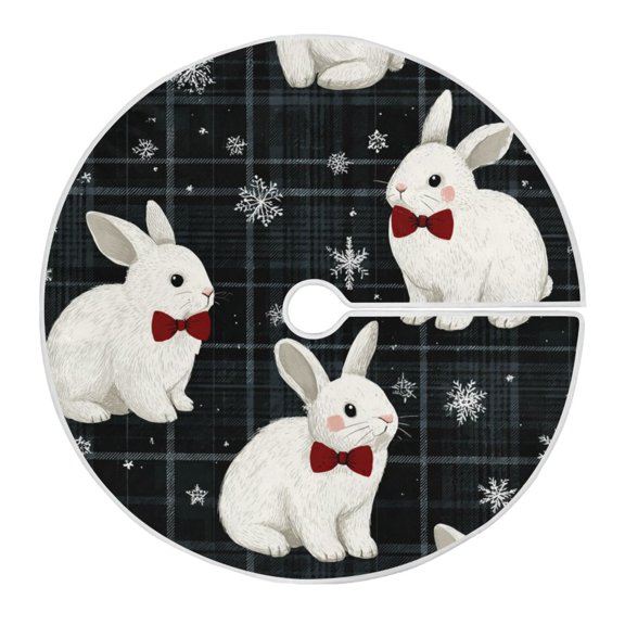 Cute Christmas Rabbit Snowflakes Dark Green Plaids Christmas Tree Skirt Opening Design Floor Mat Holiday Decor 35 inch