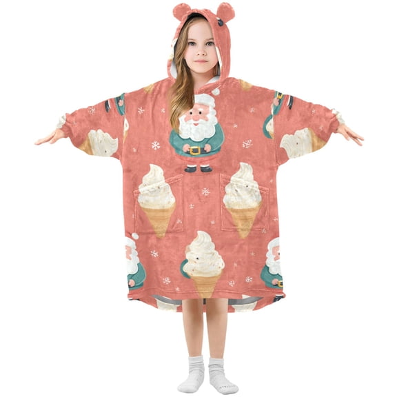 Cute Christmas Santa and Ice Cream Cone Flannel Wearable Blankets Hooded Design Long Sleeves Wrap Unisex for 3T-14Y S