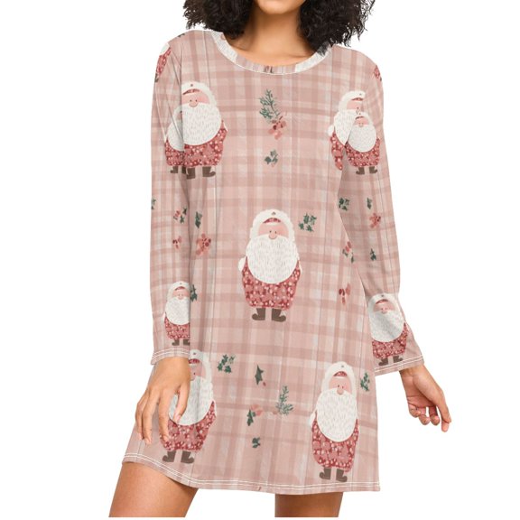 Cute Christmas Santa on Pink Plaids Women's Long Sleeves Nightgowns Sleepwear Soft Pajama A-line Sleep Dress XXL