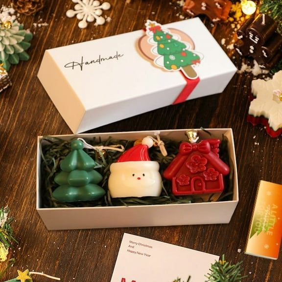Cute Christmas Scented Candle Gift Set – 3 Holiday-Shaped Candles with Wooden Pad – Soy Wax, Relaxing Aromatherapy