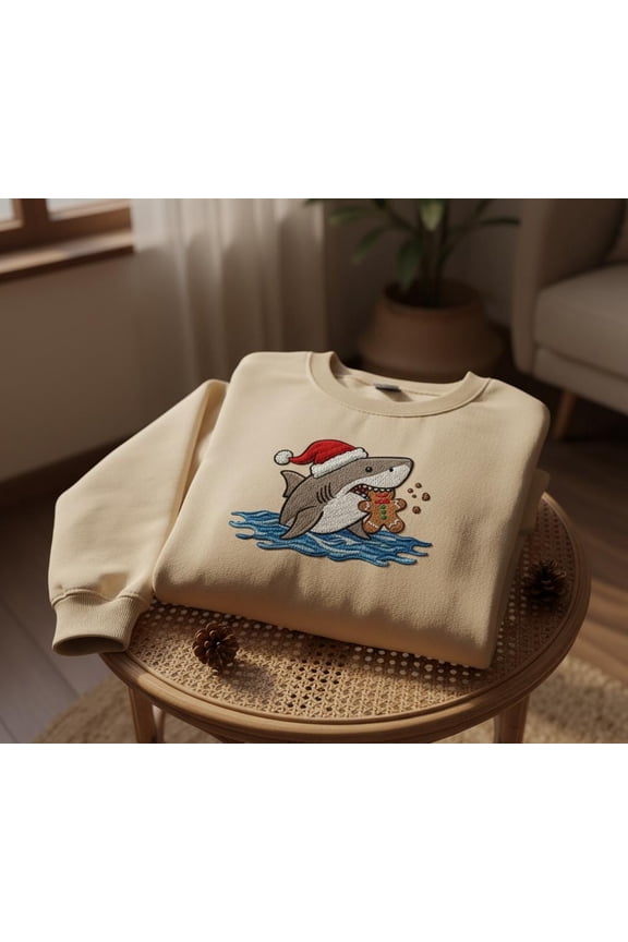 Cute Christmas Shark Embroidered Sweatshirt, Gingerbread Cookie Shark Sweater, Funny Holiday Shark Gift, Cozy Xmas Crewneck