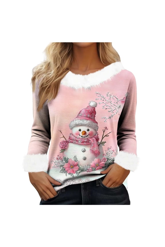 Cute Christmas Shirts for Women Fur Trim Crewneck Loose Long Sleeve Party Blouse Furry Soft Dressy Casual Xams Tee Tops