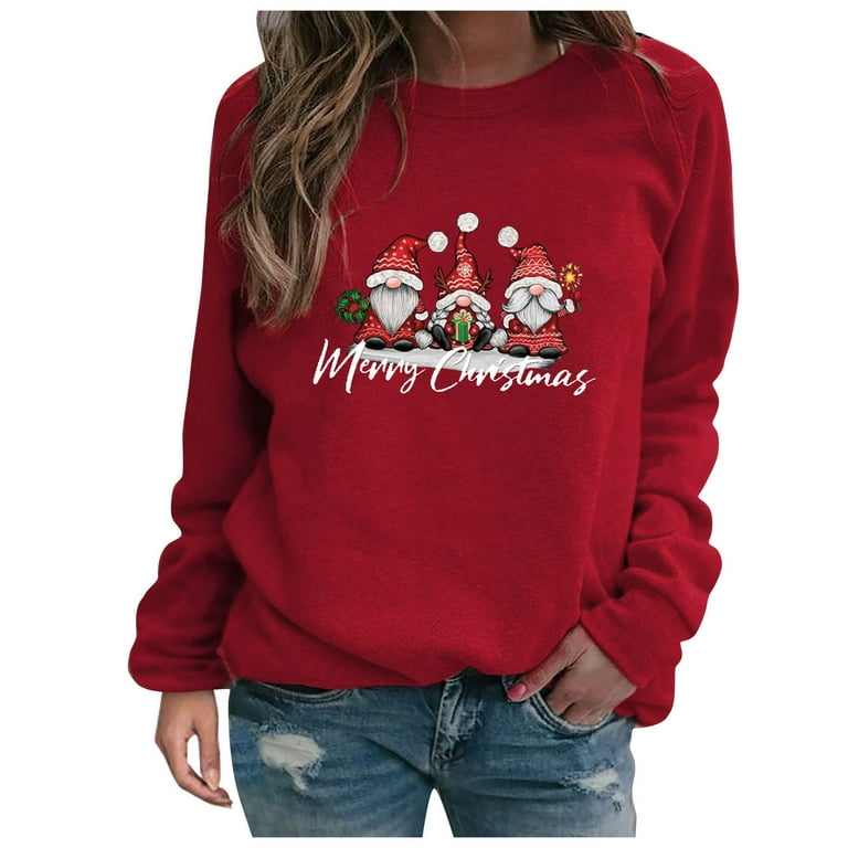 JSEZML Cute Christmas Shirts for Women Teen Girls Funny Gnomes Print Tops Casual Crew Neck Long Sleeve Sweatshirts, Girl's, Size: Small, Black