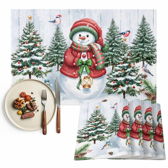 Cute Christmas Snowman Placemats Set of 8, Blue Winter Christmas Tree Birds Table Mats Washable Heat-Insulation Non-Slip Place Mats for Kitchen Dinner Table Indoor Outdoor Decor,13x19 Inch