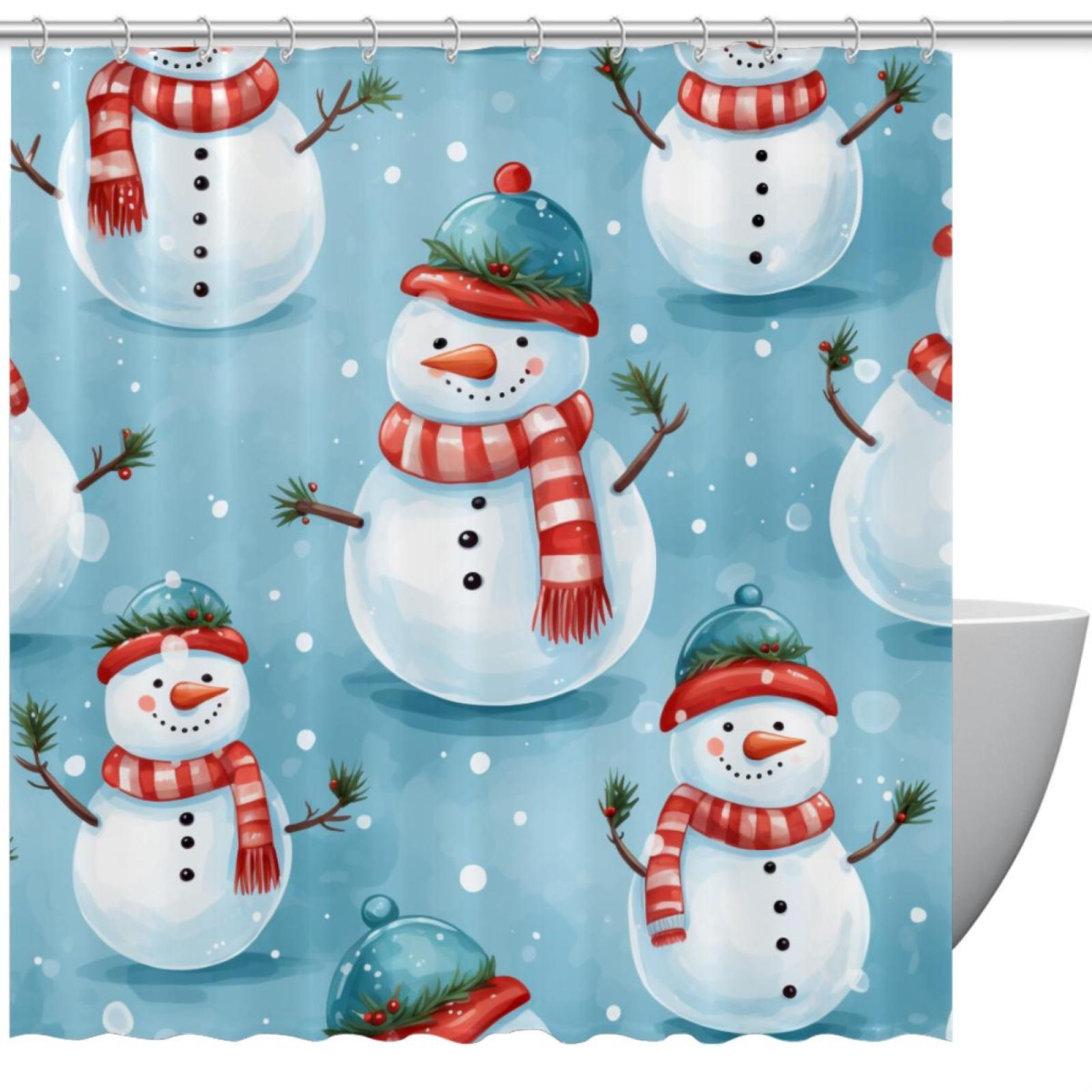 Cute Christmas Snowman Shower Curtain for Bathroom, 72x72 Inch