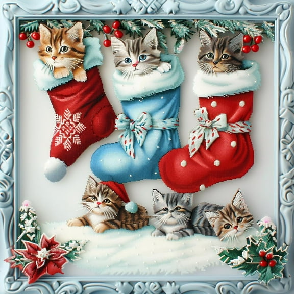 Cute Christmas Stockings Cats DIY 11CT Stamped Cross Stitch Kits for Beginners Easy Needlepoint Embroidery Counted Cross Stitch Art Craft for Wall Decoration 14x14inch(4)