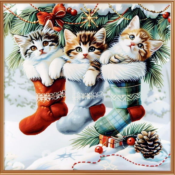 Cute Christmas Stockings Cats DIY 11CT Stamped Cross Stitch Kits for Beginners Easy Needlepoint Embroidery Counted Cross Stitch Art Craft for Wall Decoration 14x14inch(3)