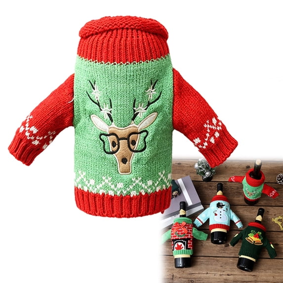 Cute Christmas Sweater Wine Bottle Cover, Handmade Wine Bottle Sweater For Christmas Decorations Cute Christmas Sweater Party Decorations Elk