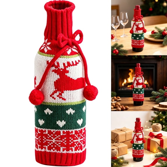 Cute Christmas Sweater Wine Bottle Cover, Handmade Wine Bottle Sweater For Christmas Decorations Cute Christmas Sweater Party Decorations Reindeer