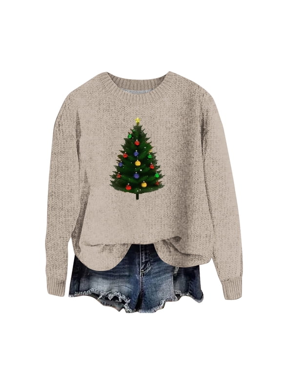 Cute Christmas Sweaters for Women - Ladies Sweaters, Women's Xmas Sweaters Christmas Tree Print Sweater Round Neck Long Sleeve Pullover Sweater Tops