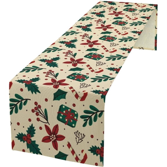 Cute Christmas Table Runner, Cartoon Santa Claus Snowballs Snowflakes Gift Boxes Print Pattern Table Runner Farmhouse Winter Christmas Holiday Home Kitchen Table Decor 13x36 Inch