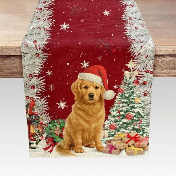 Cute Christmas Table Runner, Funny Dog Christmas Tree Winter Snowflake Seasonal Kitchen Dining Table Decoration for Home Party Decor 13 x 48 Inches