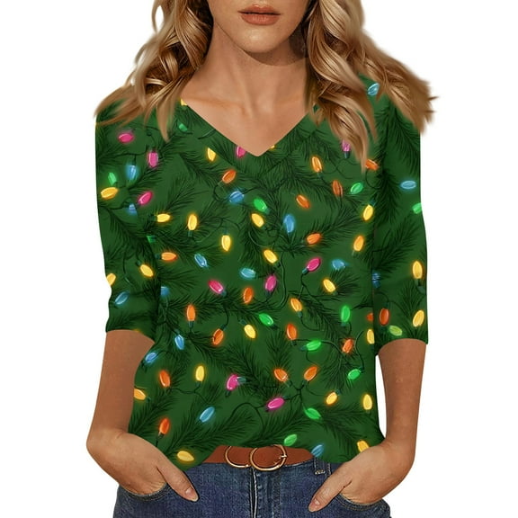 Cute Christmas Tops for Women Christmas 3/4 Sleeve V Neck T Shirts for Women Loose Fit Xmas Tree Snowflake Print Graphic Tshirt Dressy Casual Blouse Fall Tops Elbow Sleeve Tunic Tops