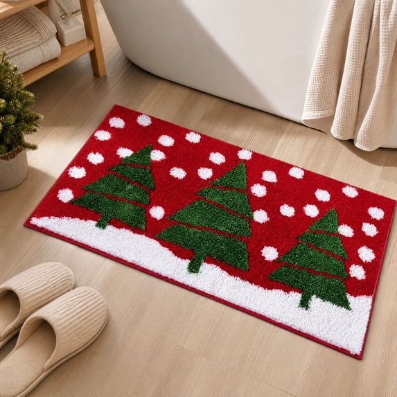 Cute Christmas Tree Bath mat for Bathroom Decorations Non Slip, Fluffy Absorbent Microfiber Red Colorful Xmas Cheer Holiday Festive Bathroom Mat Washable, Winter Themed Snow Bath Rug,20x32 Inch