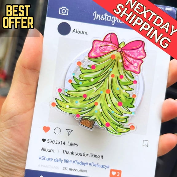 Cute Christmas Tree MagSafe Phone Grip  Festive Holiday Tree with Pink Bow and Colorful Lights, Magnetic Holder, Xmas Gift H8