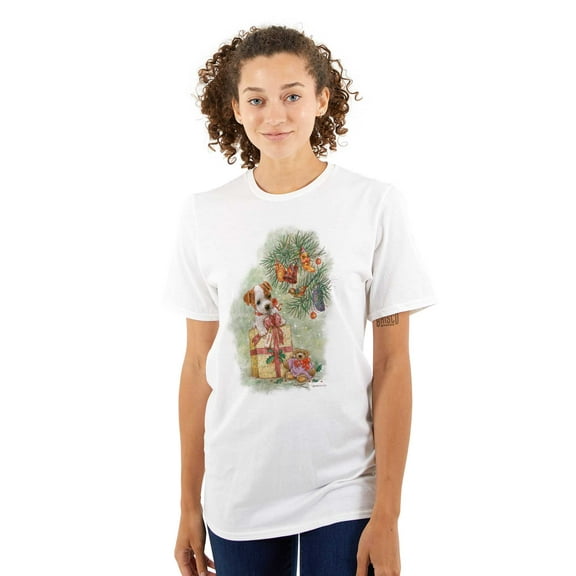 Cute Christmas Tree Puppy Present Women's Plus Size Graphic Tee Brisco Brands 3X
